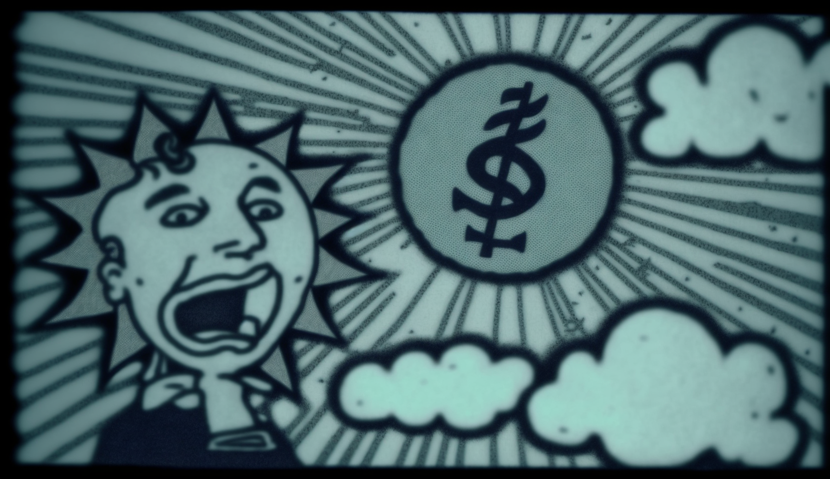 A cartoon character with a shocked expression is centered around a dollar sign symbol.