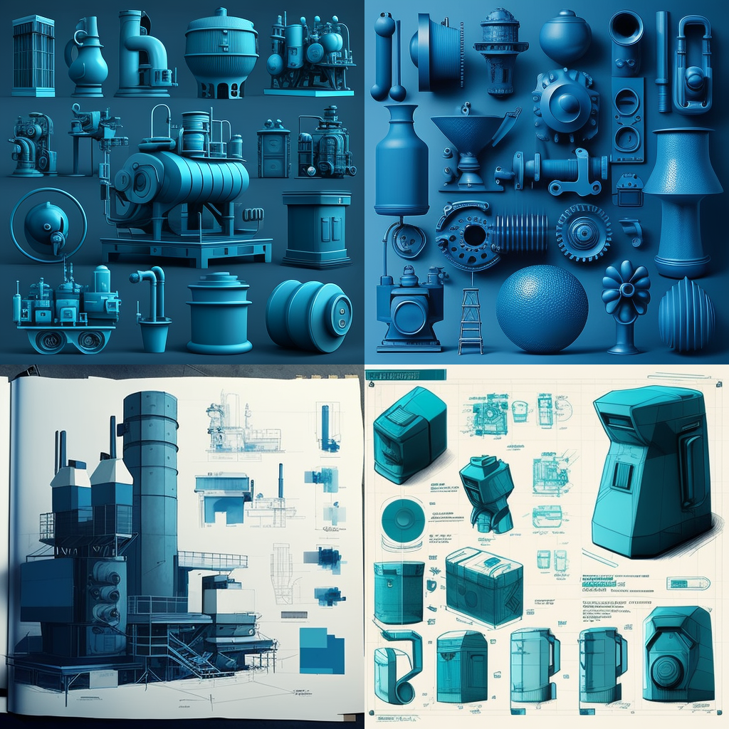 A monochromatic, isometric illustration depicts a large, cylindrical factory structure with various mechanical components and blueprints.