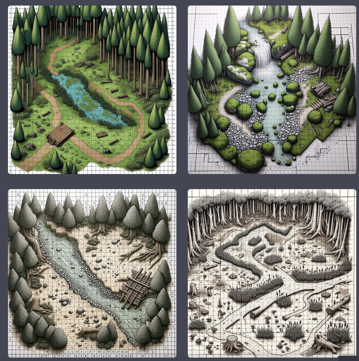 A hand-drawn, grid-based map depicts a forested area with a stream, a small wooden structure, and a stone pile.