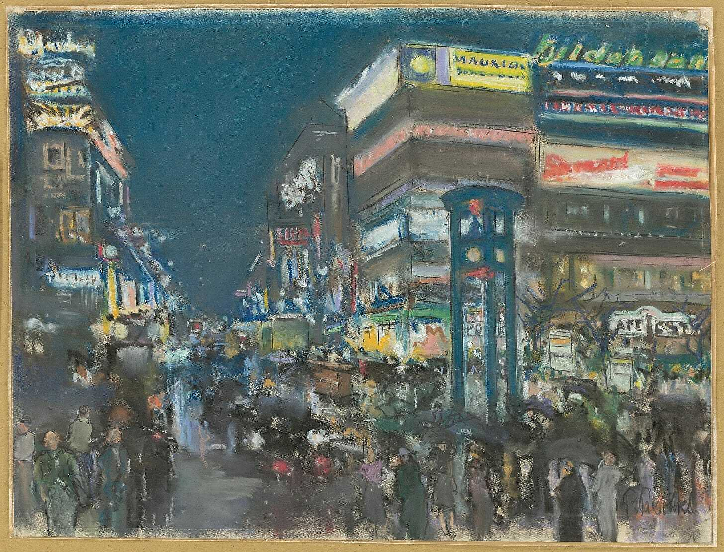 Pastel painting of Berlin's Potsdamer Platz at night, c. 1929: neon signs including MAUXION glow yellow, red and blue above a rain-slick street; the pentagonal traffic-light tower stands at center-right, surrounded by crowds of pedestrians with umbrellas.