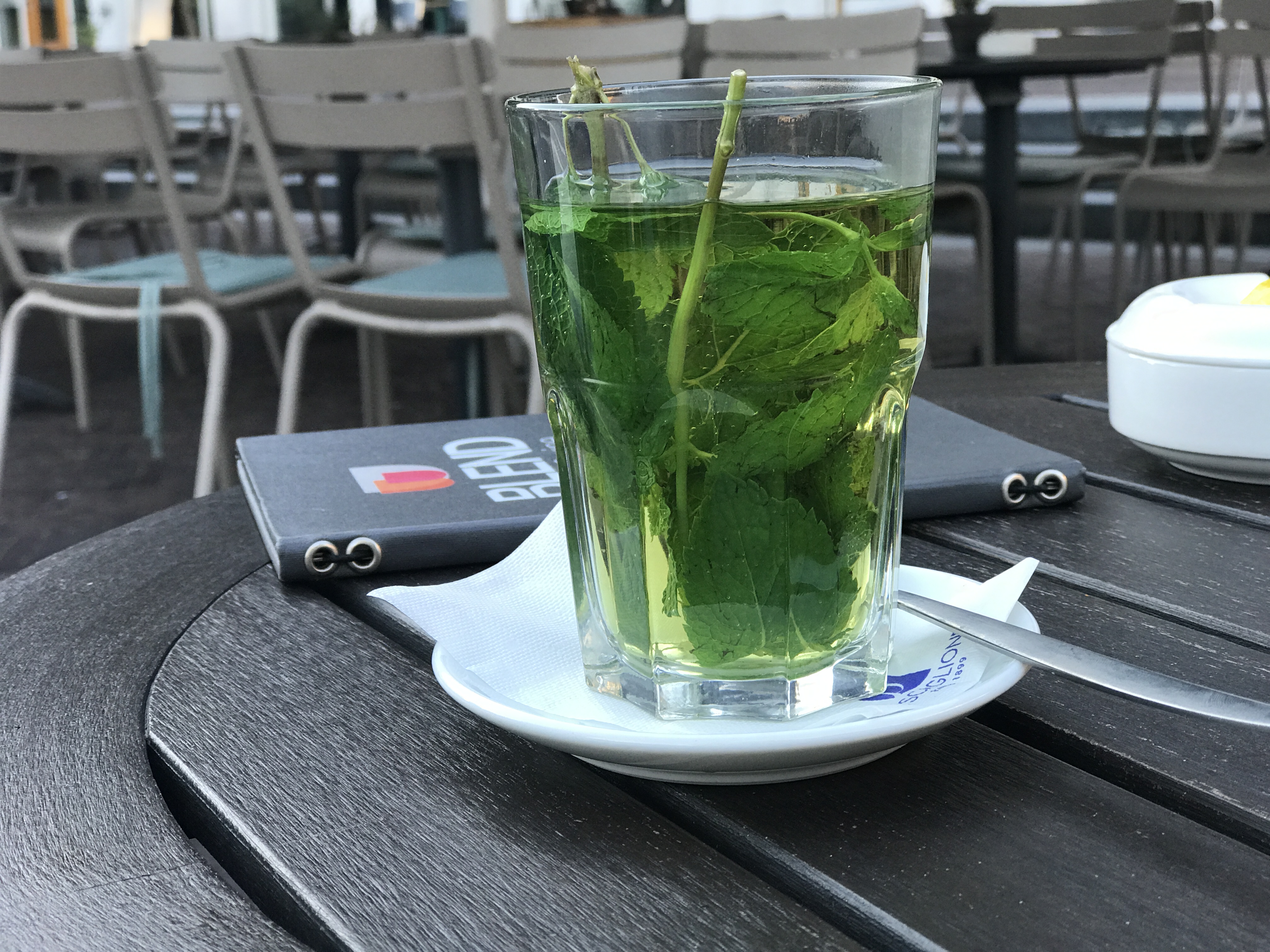 A glass of mint tea sits on a white saucer next to a book with the word “READ” on it.