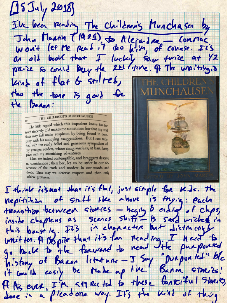 Here's a possible alt-text description: “The Children’s Munchausen” book cover features John Munchausen and a title.