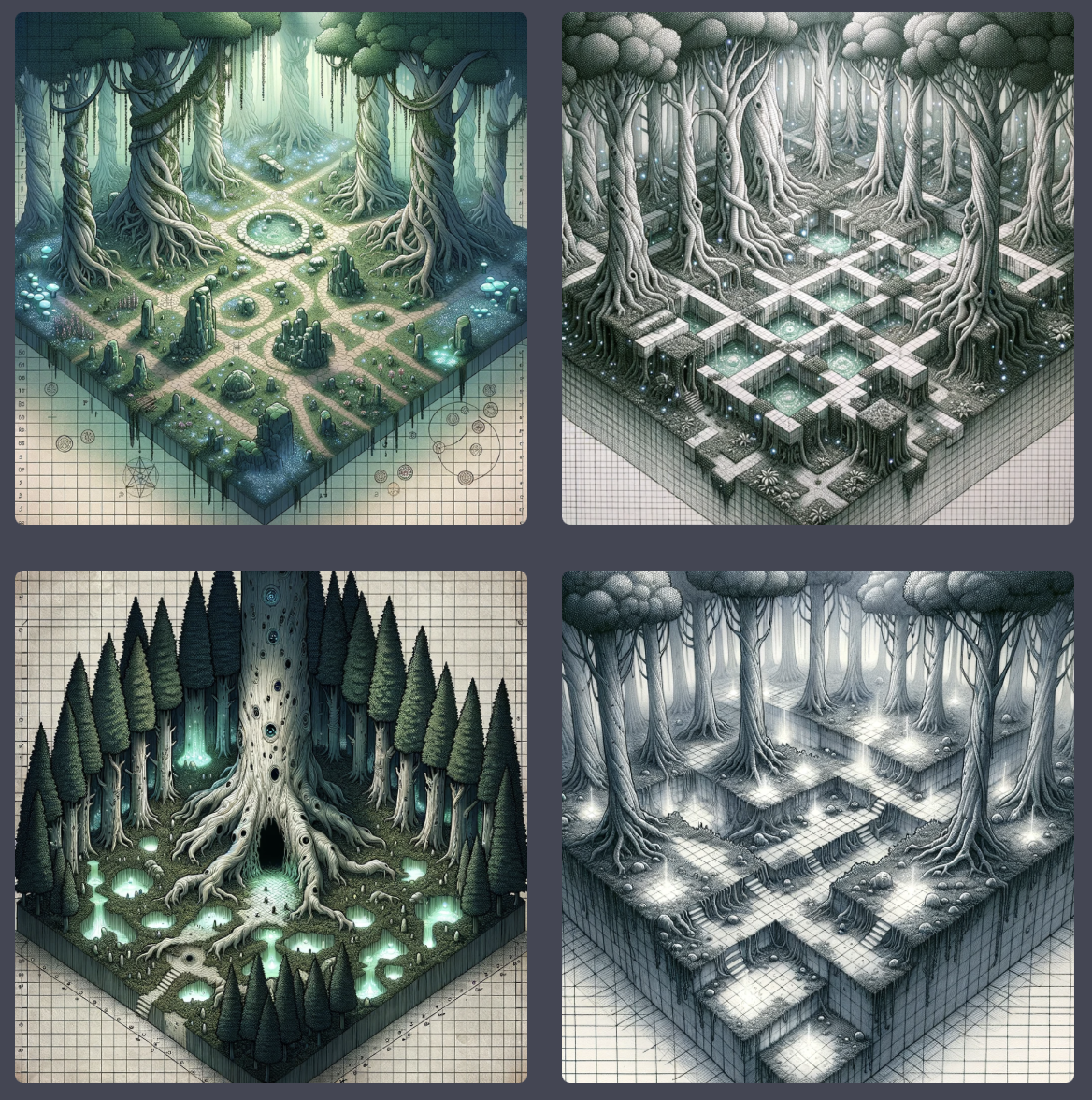 Isometric illustration of a dark, mossy forest floor with a central stone platform and a cross symbol.