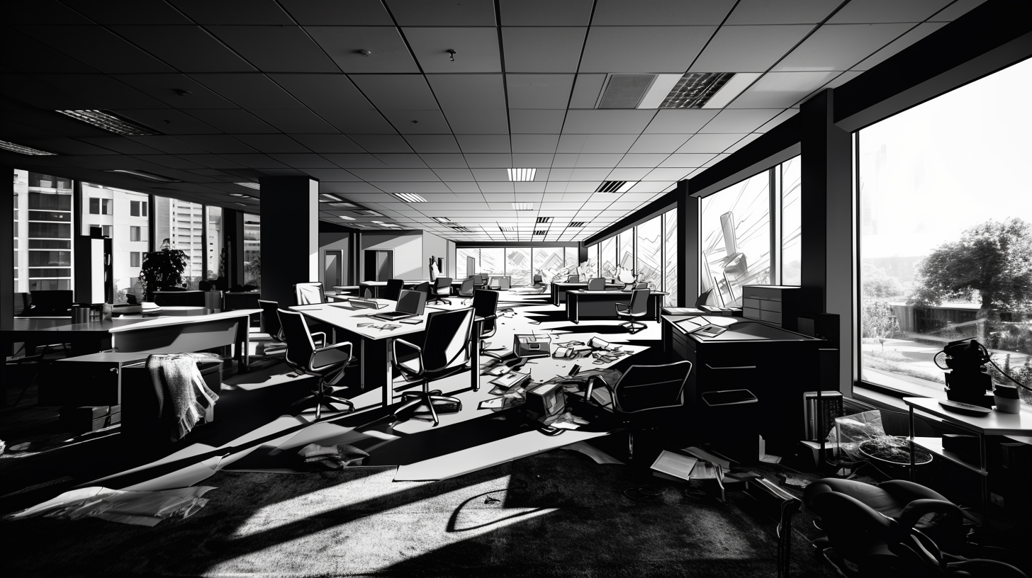 A darkened office space with scattered desks and chairs, illuminated by a large window.