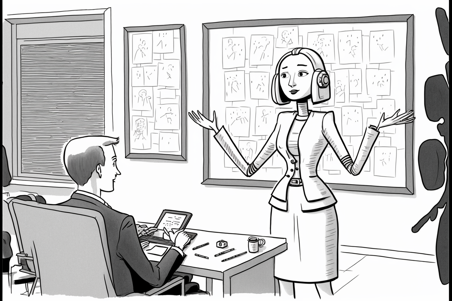 A woman presents to a man in an office setting, with a whiteboard behind her