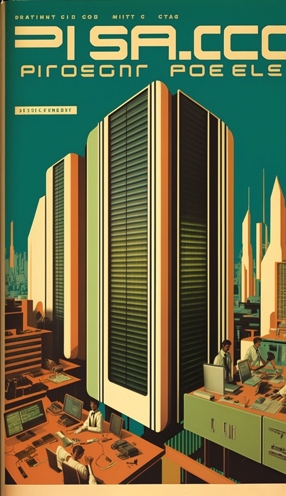 Stylized digital art depicting a modern office building with people working inside
