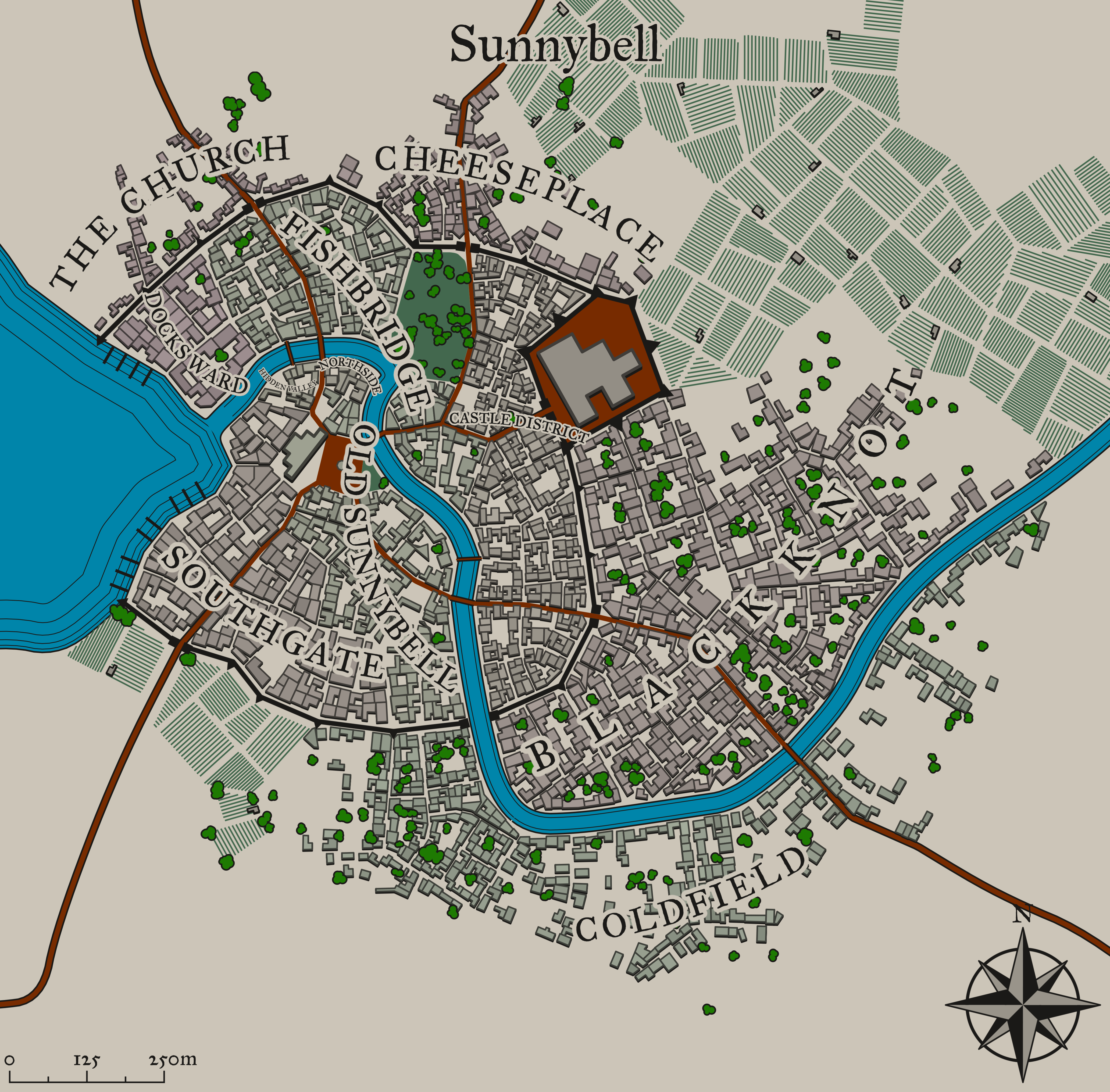 A hand-drawn map of the Sunbury-on-Thames area, showing streets, the castle district, and river features.