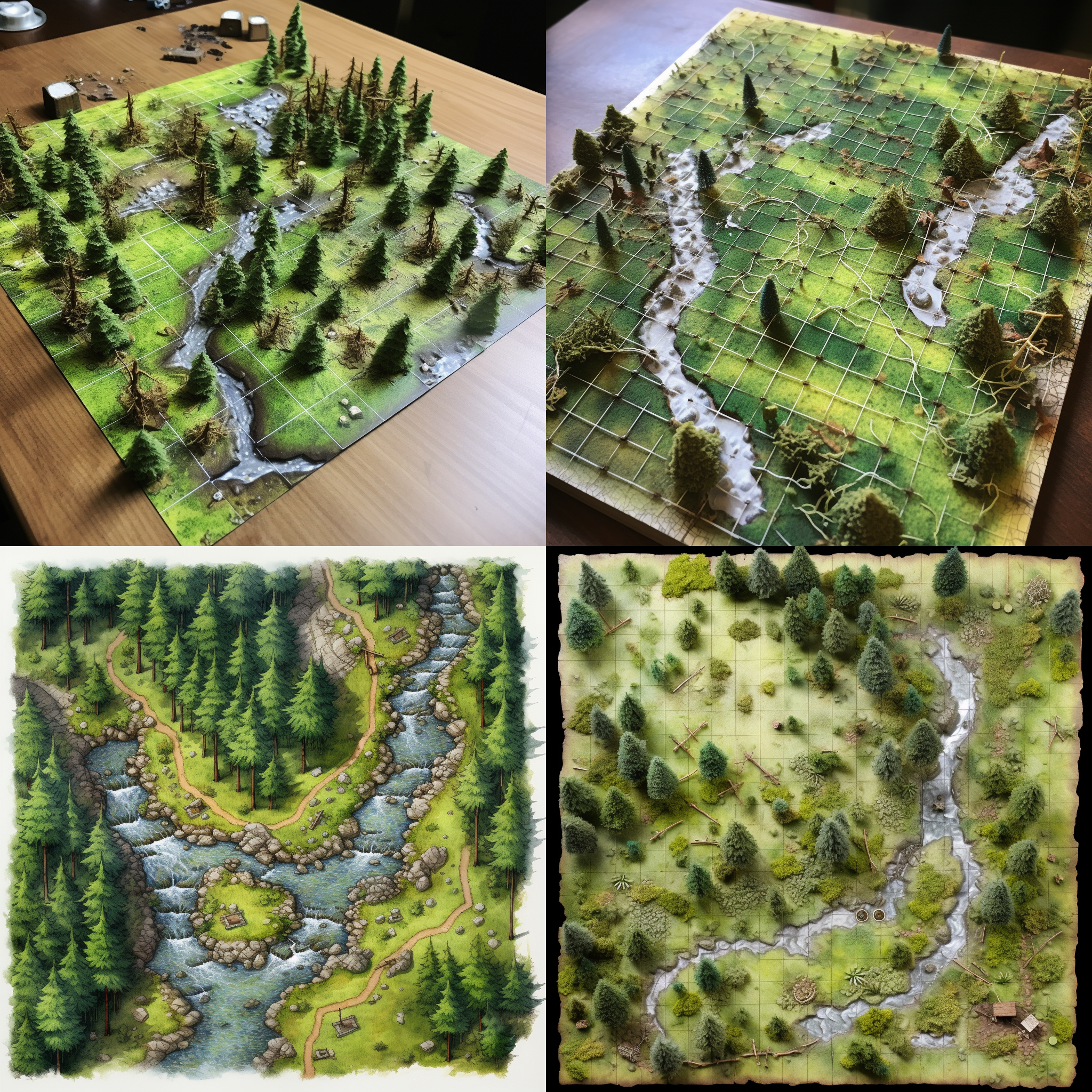 A miniature game terrain depicts a forested area with a winding stream and a dirt path.
