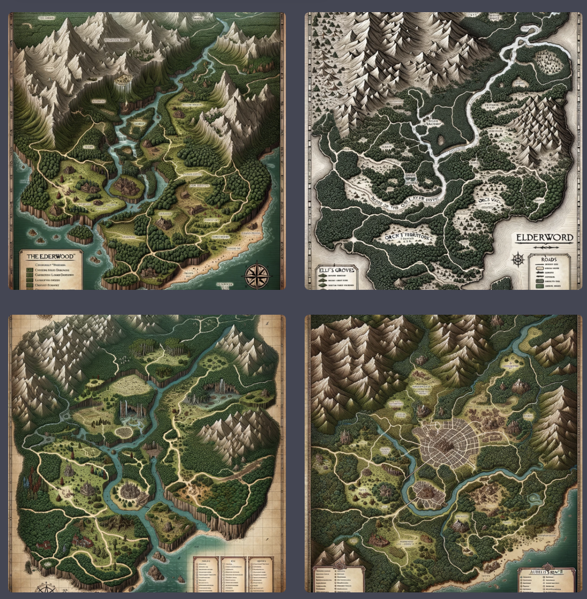 A detailed map of Eldenwood shows a forested region with rivers and roads, accompanied by a legend and scale.