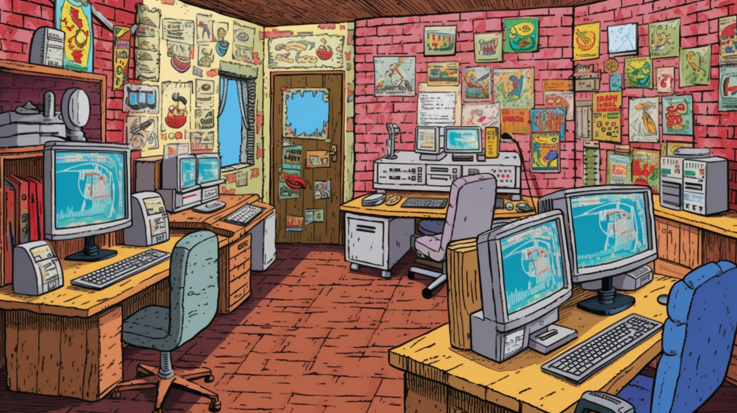 Cluttered, retro computer lab with brick walls covered in posters and vintage equipment
