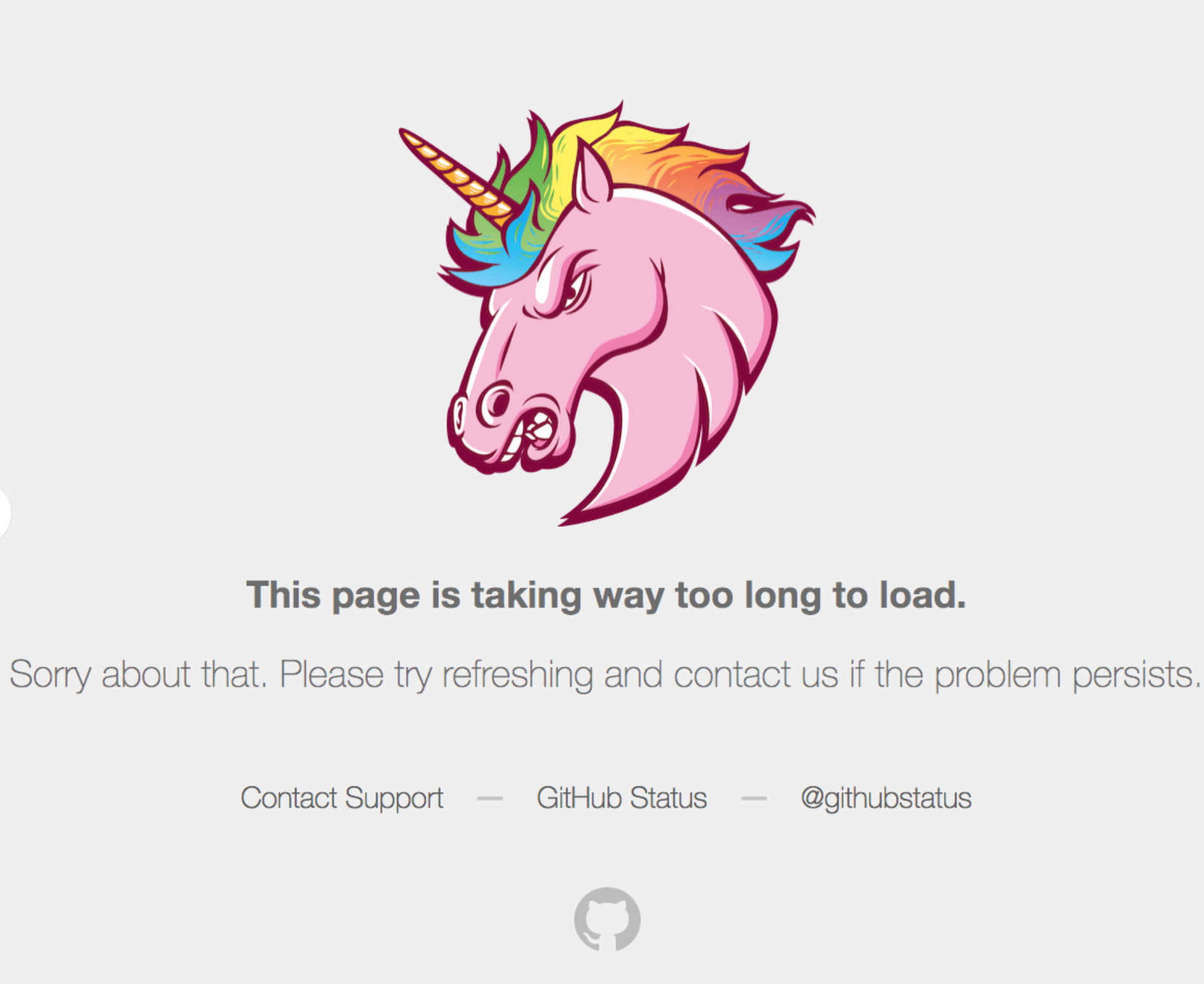 A pink unicorn with rainbow mane and tail is depicted on a GitHub status page with text reading “Contact Support”.