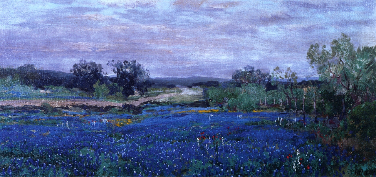 A painting depicts a field of bluebonnets with trees in the background under a cloudy sky.