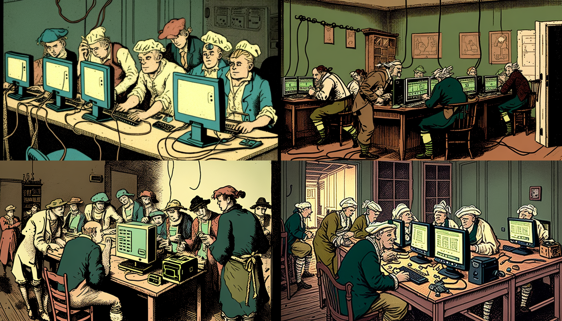 Several men in hats sit at desks with computer monitors, likely working in a dimly lit office.