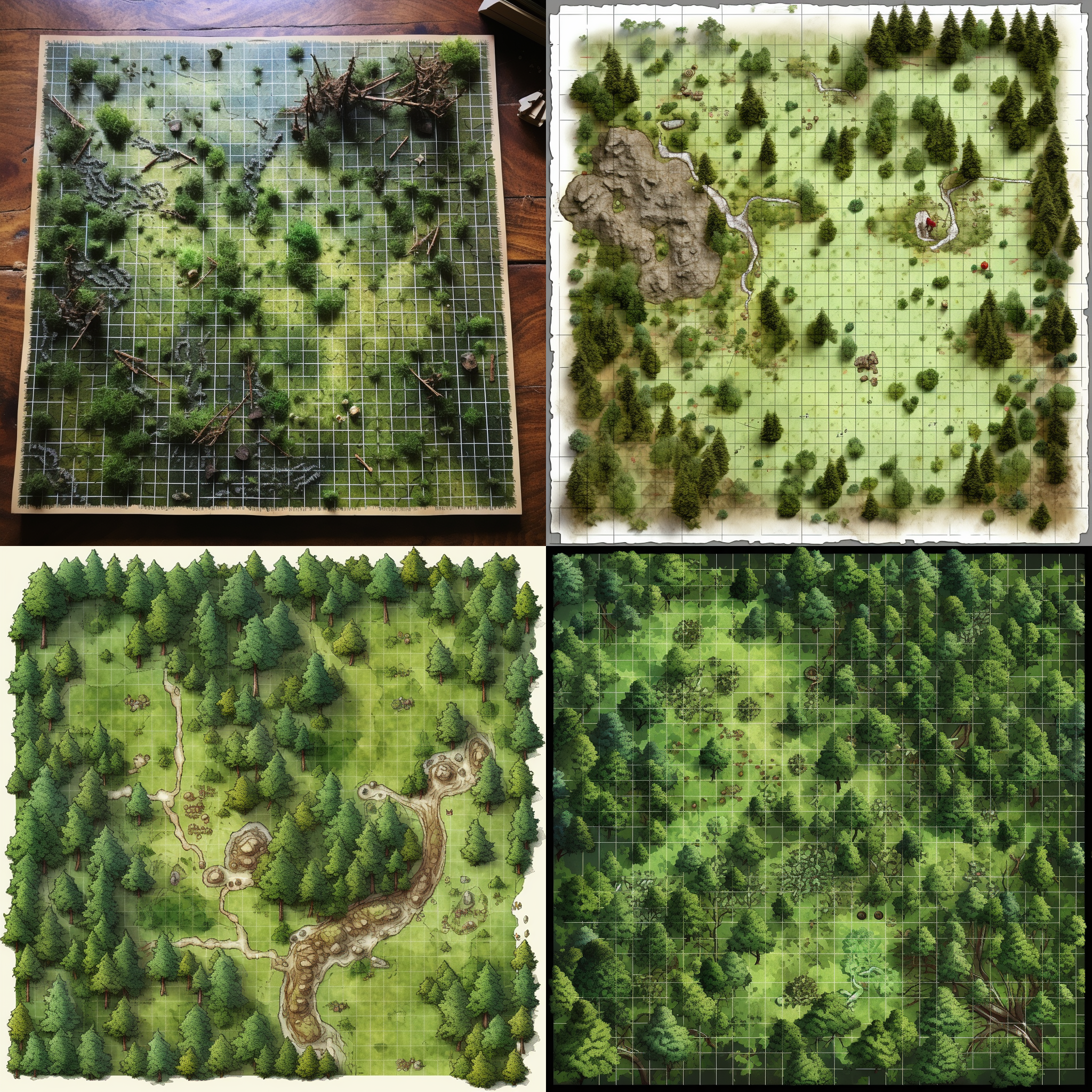 A green, grid-based map depicts a forested area with a river, rocks, and a small structure.