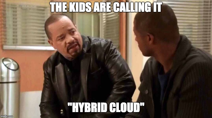 Walter White and a black man are shown talking, with the text "HYBRID CLOUD" visible.