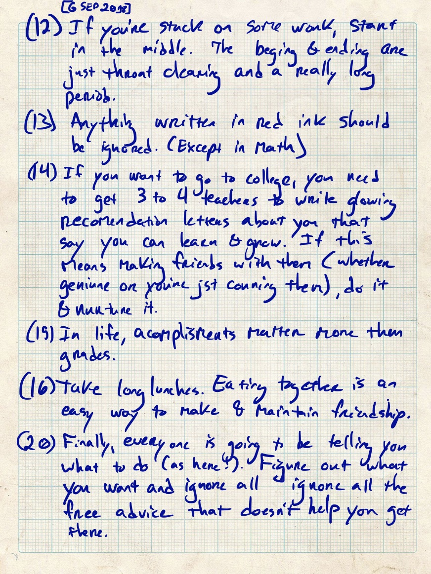Here's a one-sentence alt-text description of the image: The image shows handwritten notes offering advice on college life, including making friends and studying.