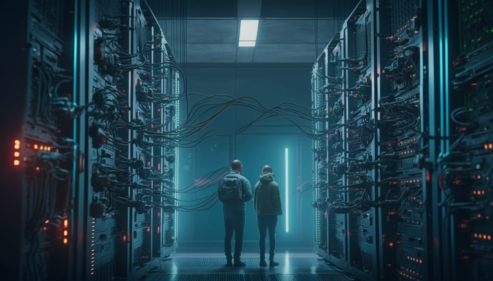 Two figures stand in a brightly lit server room, surrounded by racks of technology