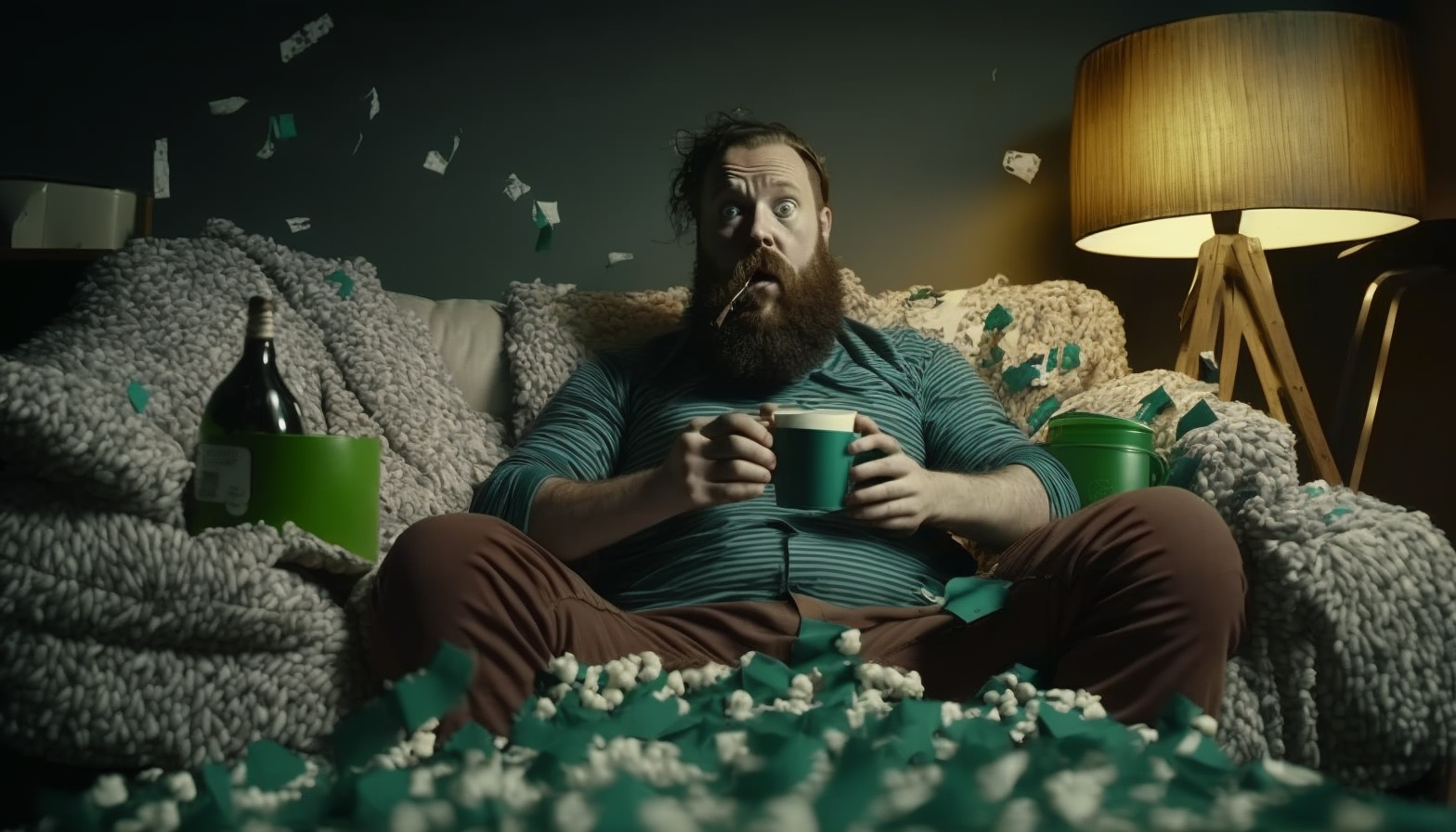 Man with a beard sits on a couch, holding a mug amidst scattered confetti and a wine bottle