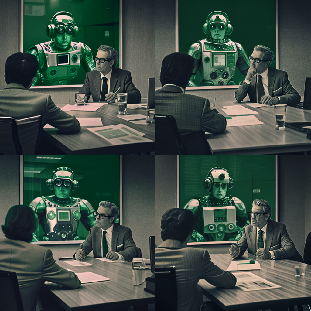 Man in a suit sits across from a robot during a meeting
