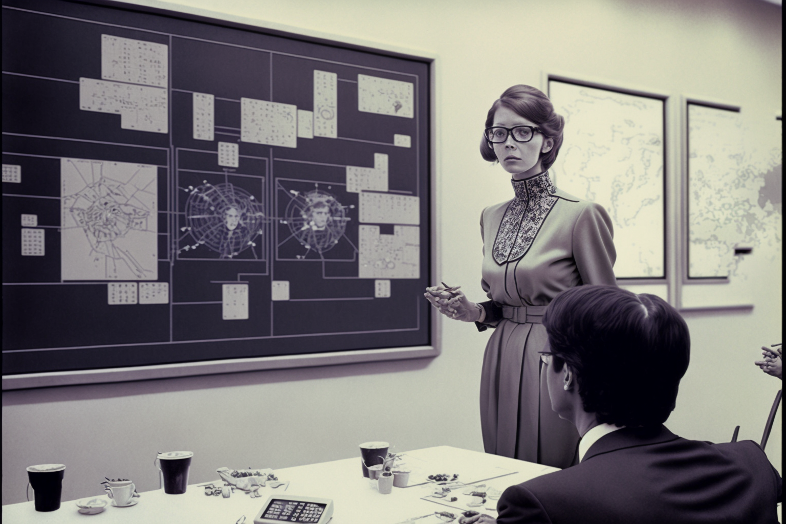 Woman presenting technical diagrams to a seated man in a monochrome office setting