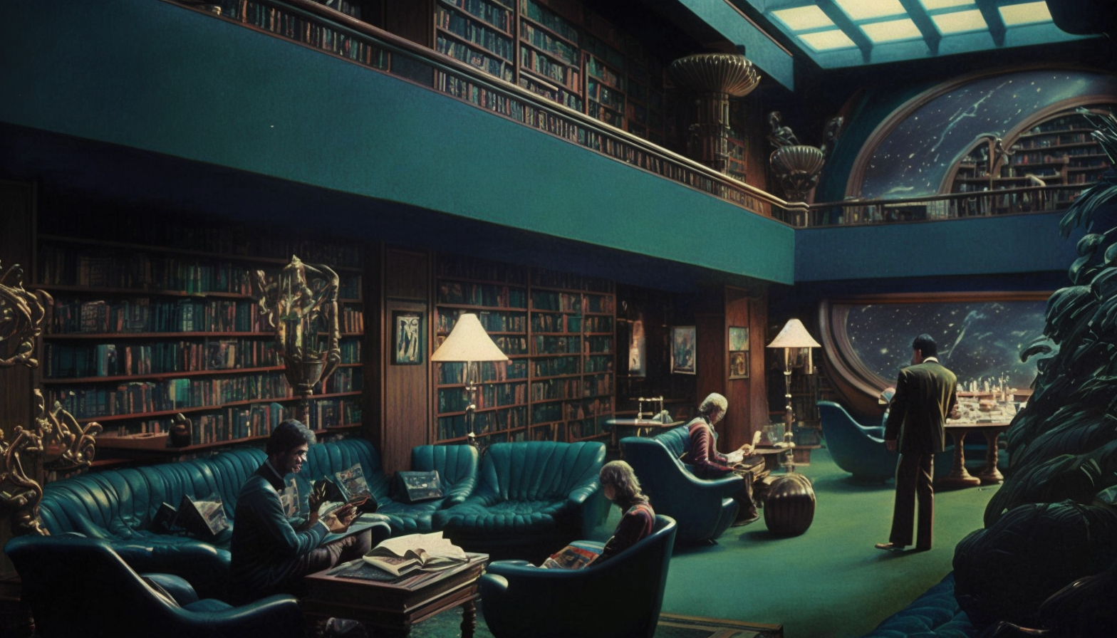 Luxurious library with a large screen depicting a futuristic city, several people conversing
