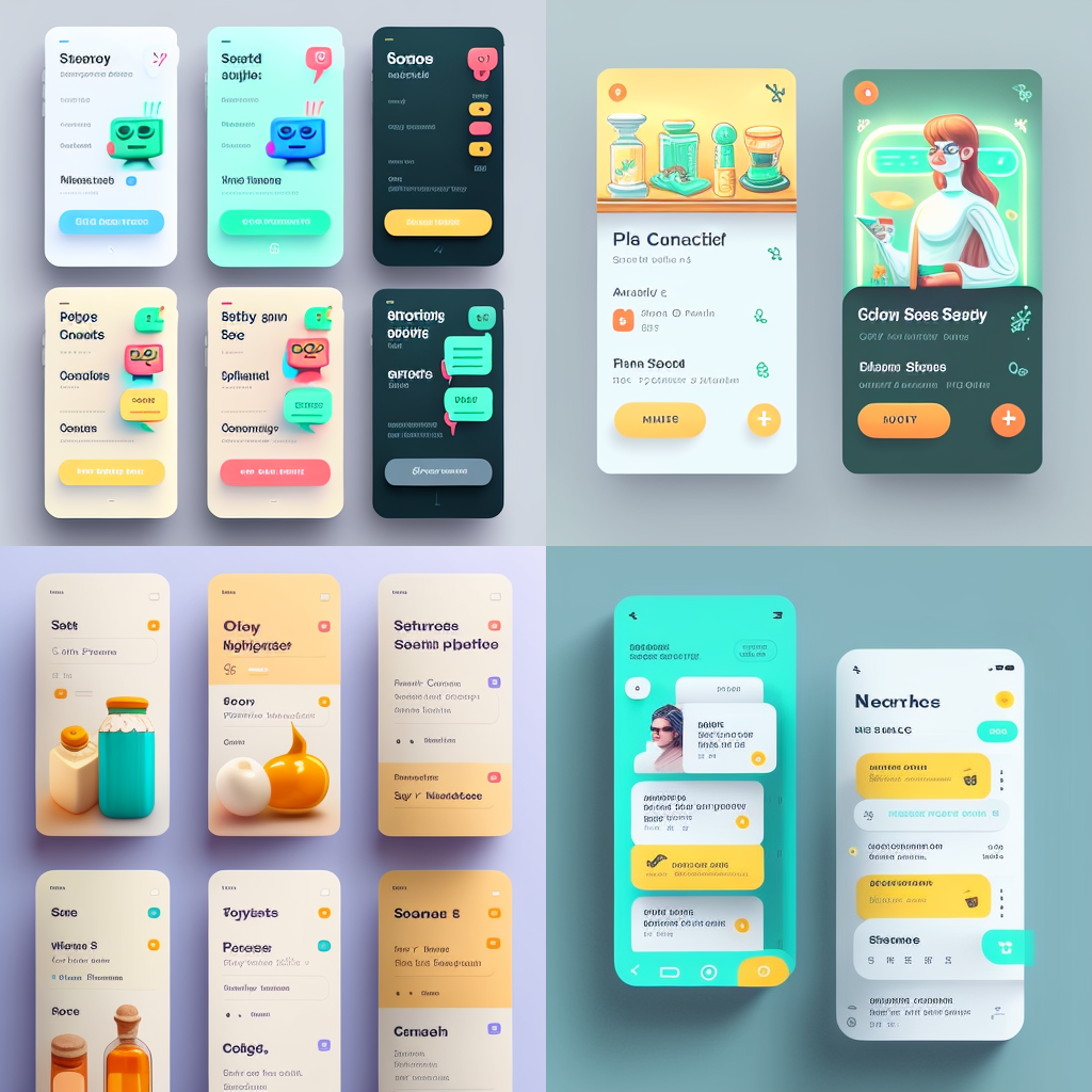 App interface designs showcasing various screens and functionalities with a modern aesthetic