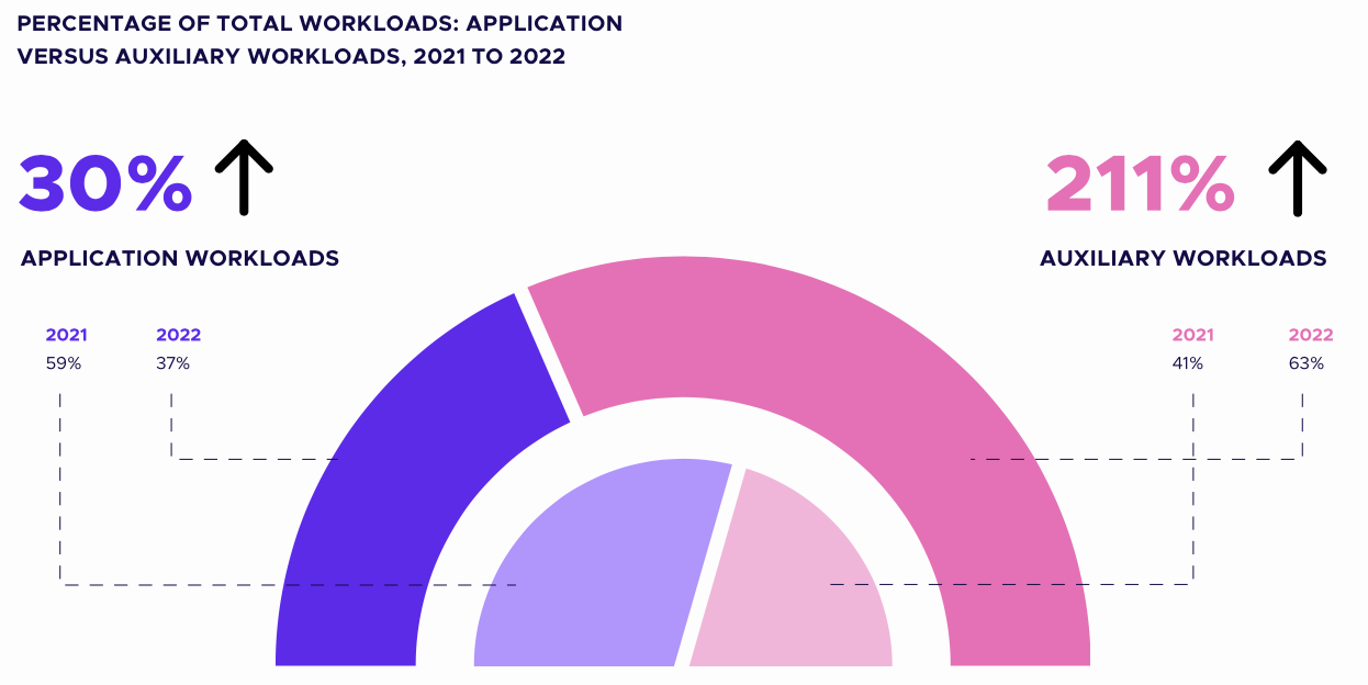 Application workloads decreased, while auxiliary workloads increased from 2021 to 2022