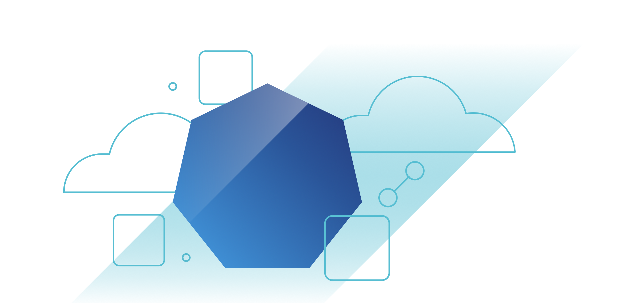 Geometric shapes and cloud icons on a blue and white gradient background