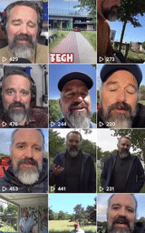 Collage of a man with a beard in various outdoor settings, including a park and a building exterior