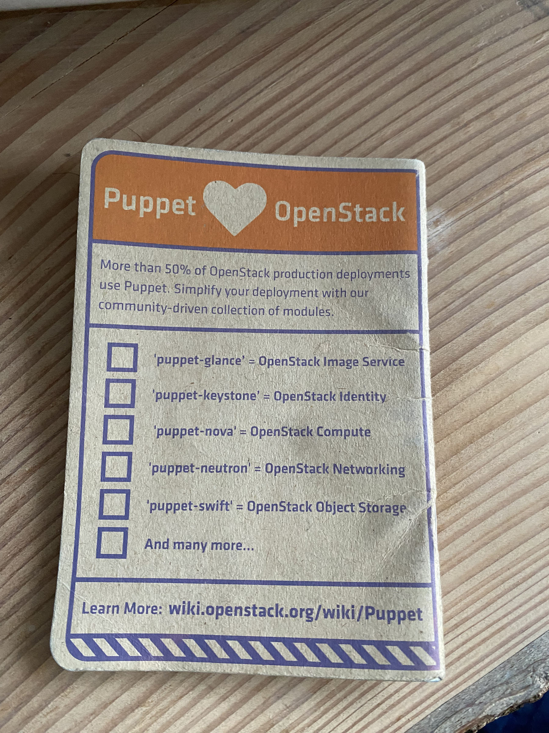 A card promoting the integration of Puppet and OpenStack for simplified deployments