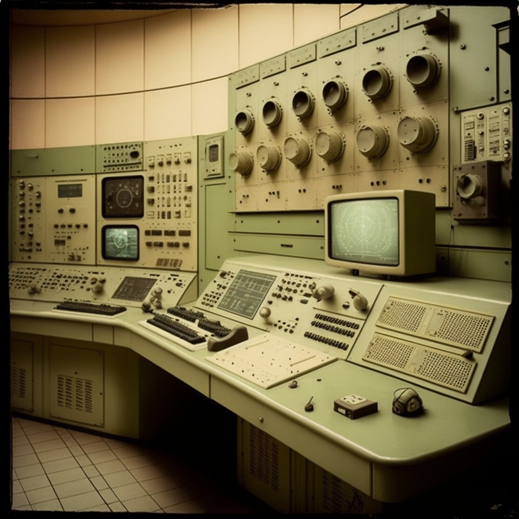 Vintage control panel with monitors, switches, and gauges in a retro, industrial setting