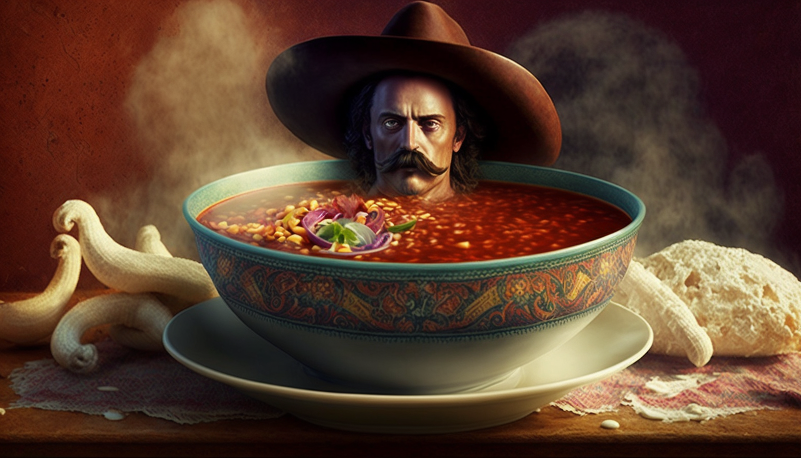 A man in a sombrero is submerged in a bowl of vibrant red soup with bread on the side