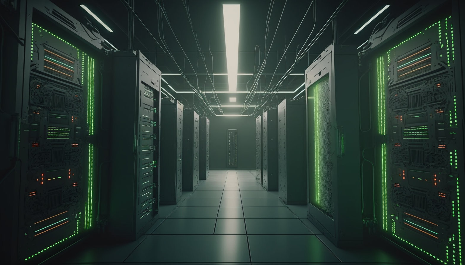 Server room with rows of racks, illuminated by overhead lights, conveying a sense of technology and scale