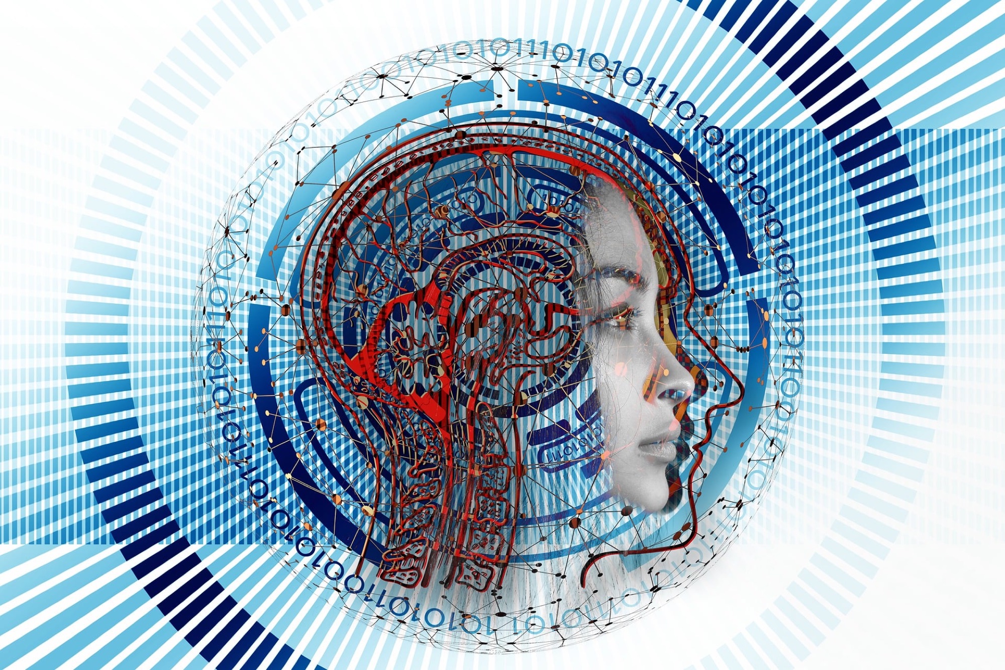 Digital illustration: a woman's face in profile inside a circular graphic, her head filled with red vascular-looking circuitry and network nodes, ringed by binary digits and blue radial stripes.