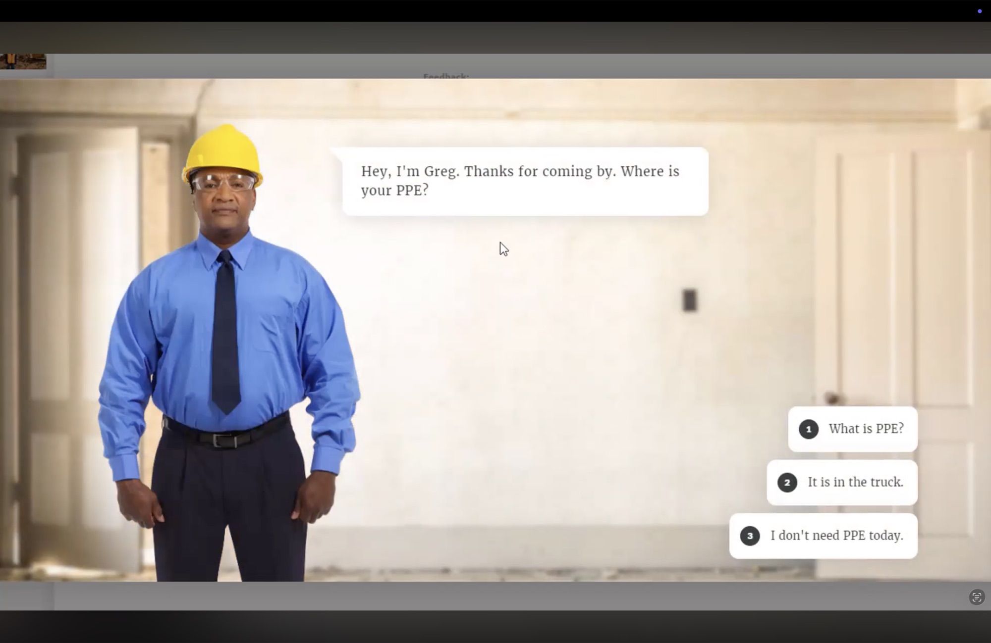 Screenshot of a workplace safety e-learning module: a man in a yellow hard hat, safety glasses, blue shirt and tie asks "Where is your PPE?" beside three numbered reply options