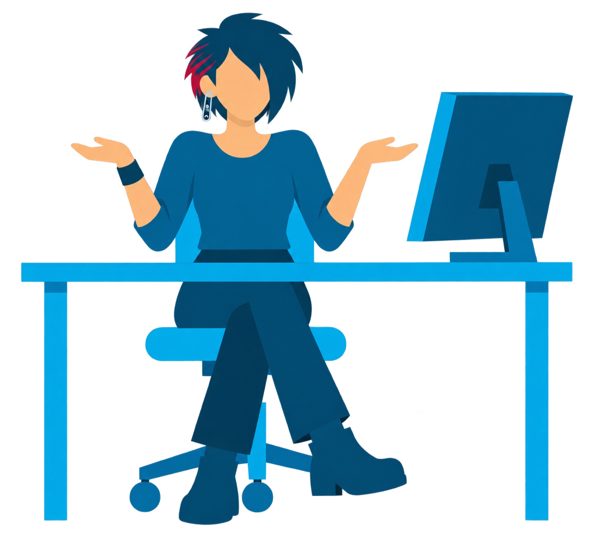 Illustration of a person with a short undercut hairstyle sitting at a desk beside a monitor, shrugging with both palms turned up