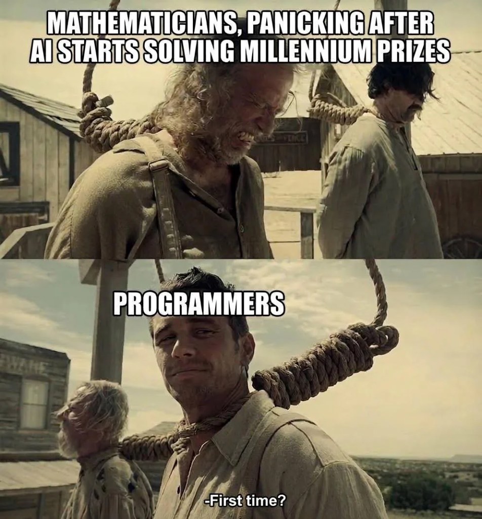 A humorous image depicting mathematicians looking panicked with a noose in the background, juxtaposed against calm programmers with a sarcastic expression, referencing AI solving millennium prizes.