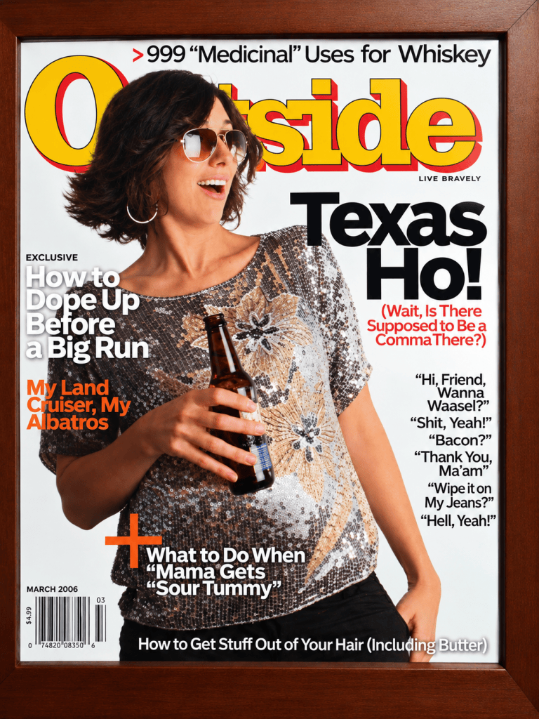 A woman wearing sunglasses and a sequined top, laughing and holding a bottle, featured on the cover of Outside magazine from March 2006 with the headline 