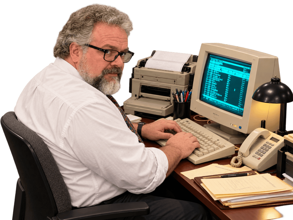 A man with a beard and glasses sits at a desk, working on a vintage computer. He wears a white shirt and a tie, with stacks of papers and a phone on the desk.