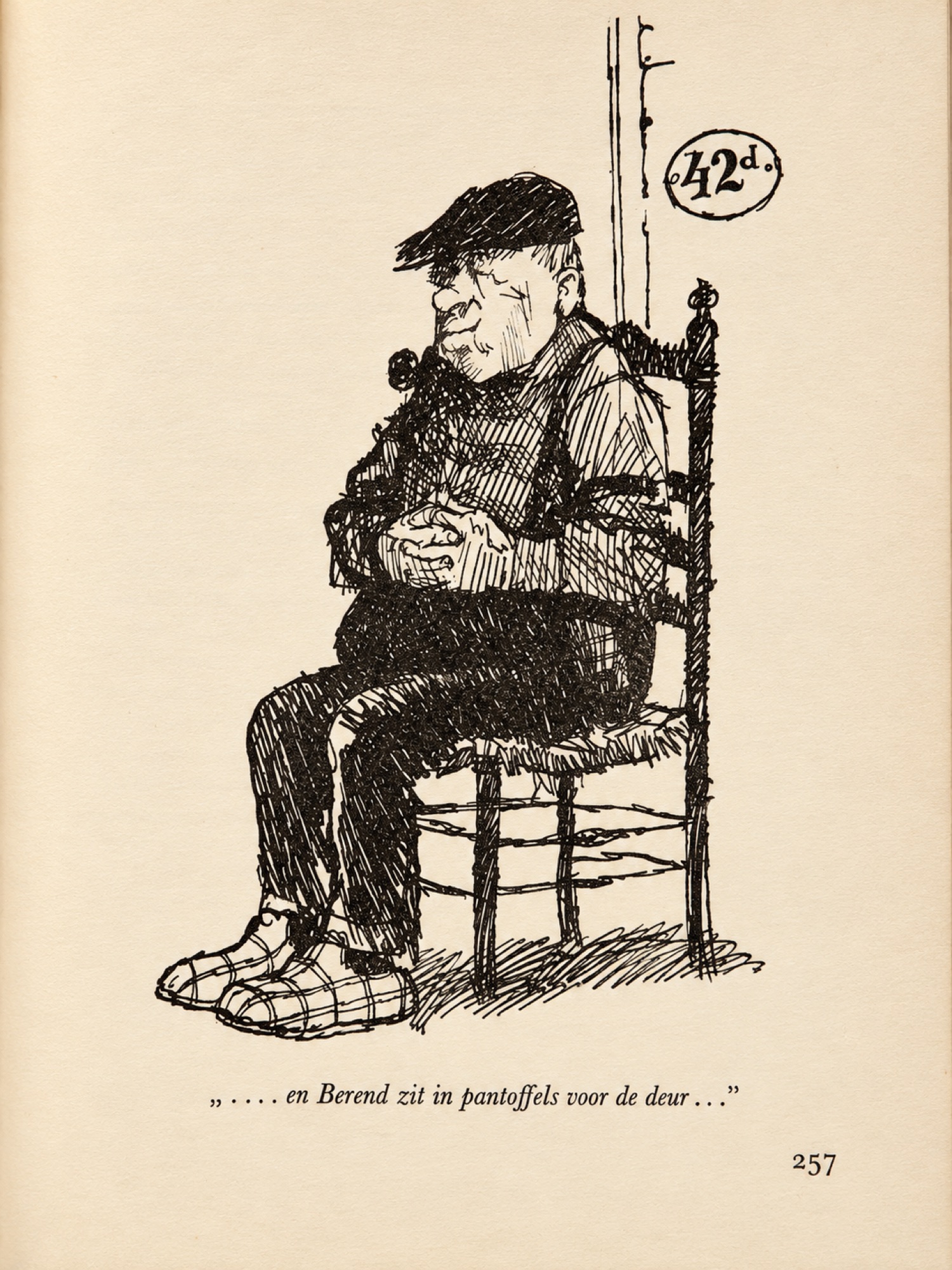 Pen-and-ink drawing of an old man in a flat cap and wooden shoes seated on a rush chair, with a Dutch caption, page 257.