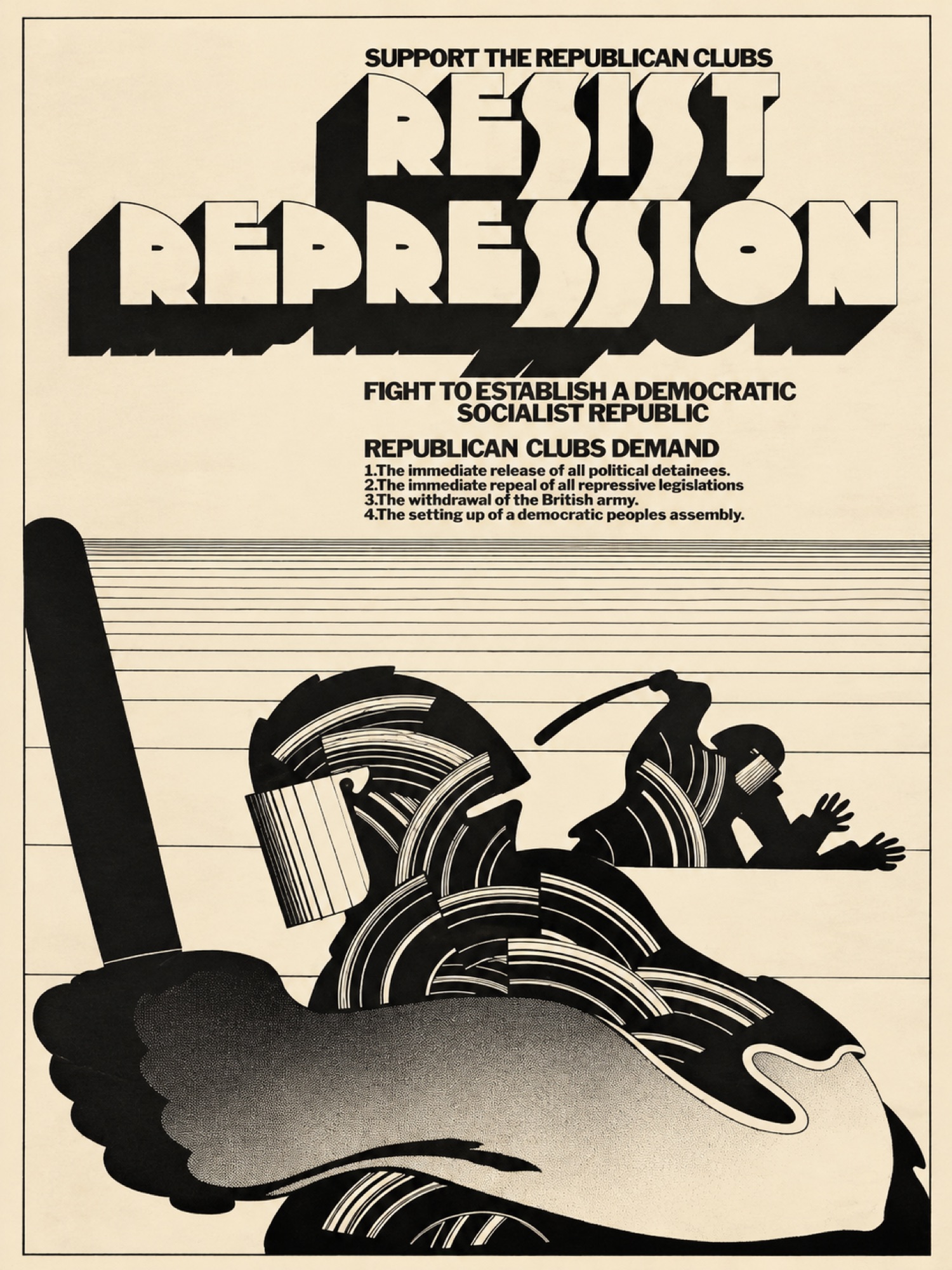 Political poster reading 'Resist Repression, Support the Republican Clubs' above a stylized scene of riot police striking a figure.