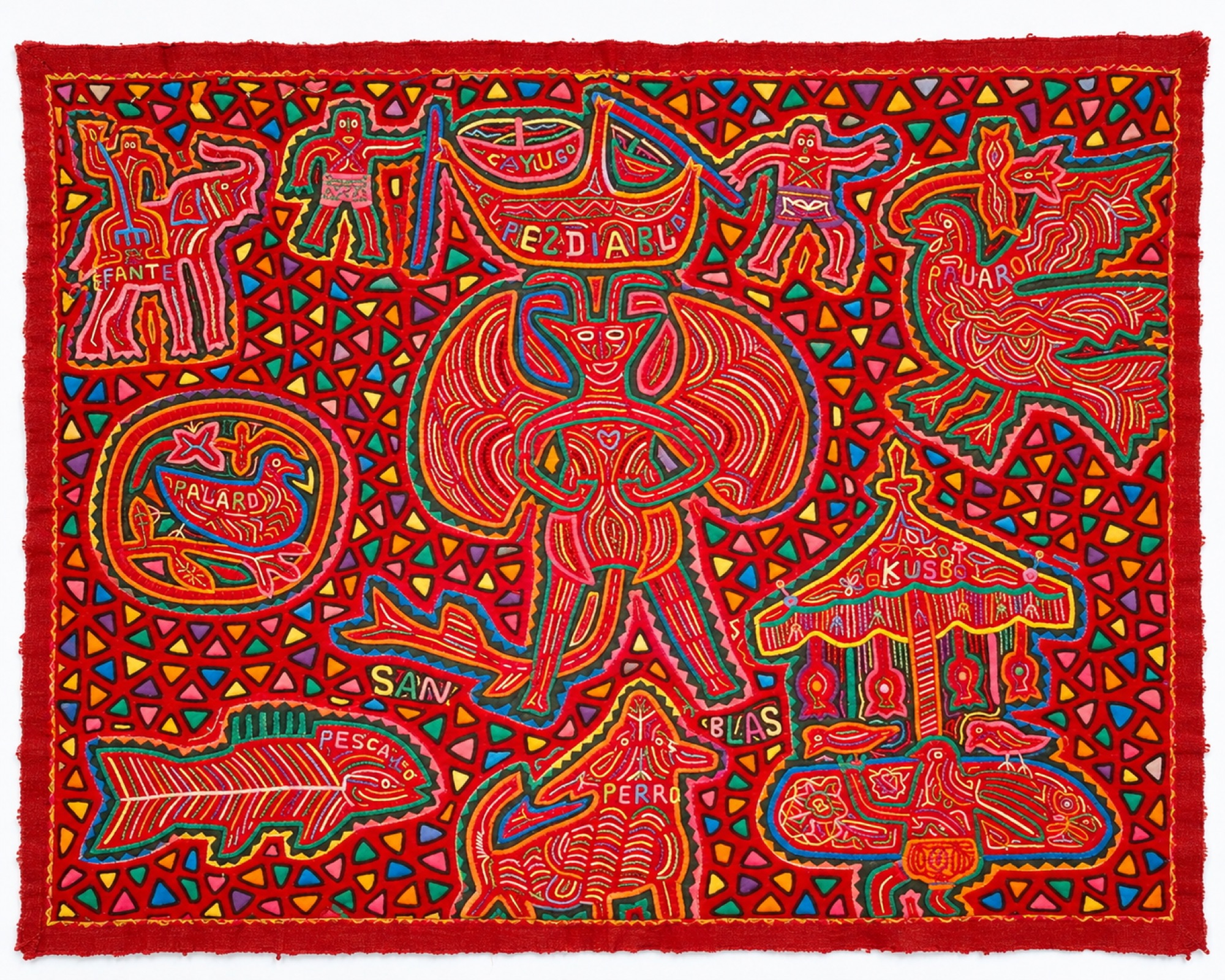Detailed red textile panel filled with labeled figures including an elephant, dog, fish, central winged devil, and carousel.