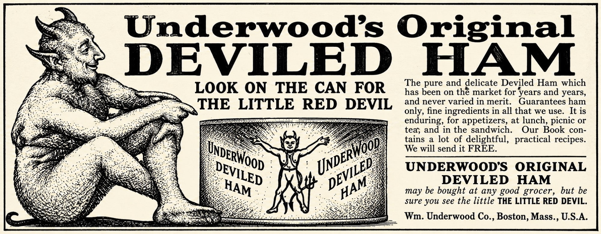 Vintage Underwood's Deviled Ham magazine advertisement with a seated horned red devil beside a can and bold display type.